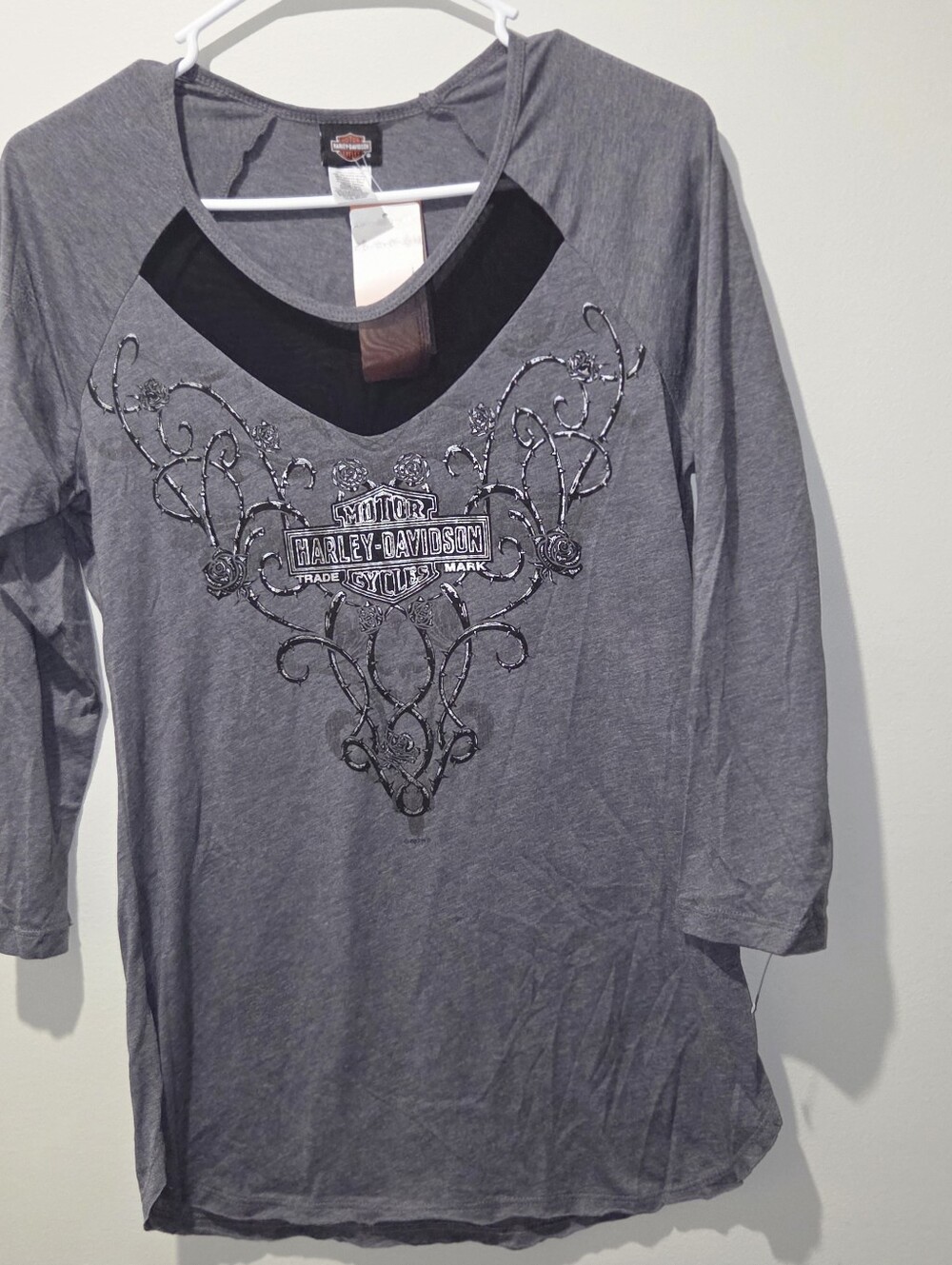 Harley-Davidson Gray Long-Sleeve Top with Black Mesh V